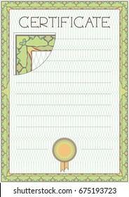 Delicate abstract hand drawn certificate, with pale patterned frame. soft green, orange, ornament, pattern. Background with guilloche element. vector