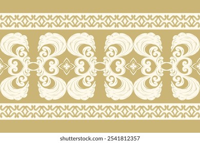 Delicate Abstract Leaves Feathers Embroidery Light Beige On Gold Background. Traditional Florals Border Ornate Scroll Pattern Seamless Vector. Hand Draw Craft Rich and Elegance Curly Heart Lace Design