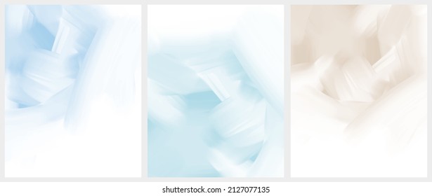 Delicate Abstract Oil Painting Style Vector Layouts with Copy Space. Light Beige and Pastel Blue Paint Stains on a White Background. Pastel Color Stains Print Set.