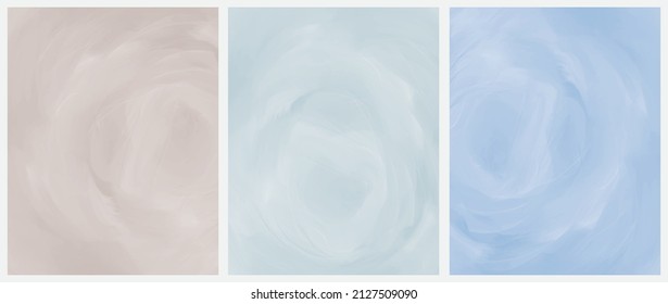  Delicate Abstract Oil Painting Style Vector Layouts. Light Beige and Pastel Blue Paint Stains on a White Background. Pastel Color Stains Print Set.