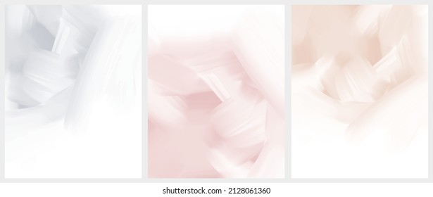 Delicate Abstract Oil Painting Style Vector Layouts. Light Beige, Gray and Pastel Pink Paint Stains on a White Background. Pastel Color Stains Print Set.