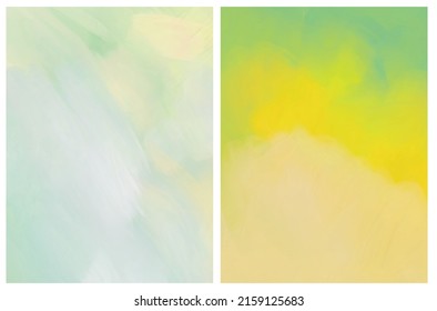 Delicate Abstract Oil Painting Style Vector Layouts. Light Lime Green, White and Yellow Stains Background. Modern Bright and Pastel Color Vector Print Set ideal for Cover, Layout.