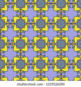 Delicate abstract pattern with decorative mandala with interlacing lines in blue, yellow and orange hues, seamless vector as a fabric texture