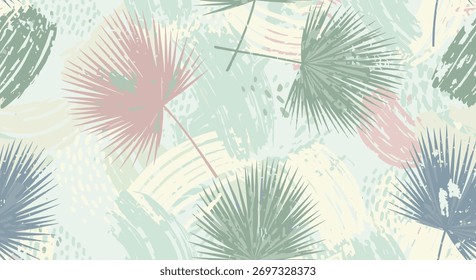 A delicate abstract pattern featuring soft pastel palm fronds and subtle textured brushstrokes creating a gentle tropical ambiance.