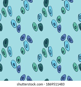 Delicate abstract seamless pattern with graphic circles ovals and pebbles in blue shades. For Wallpaper, fabrics, packaging, etc.