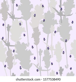 Delicate Abstract seamless pattern with plant silhouettes on a light pink background with small blue flowers. Elements of gray and lilac shades are arranged vertically, randomly. Vector for textile