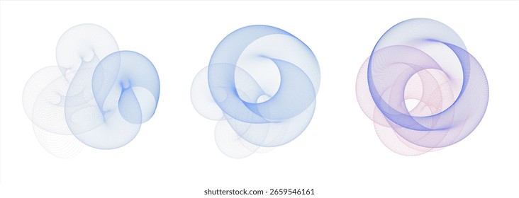 Delicadas espirales abstractas formadas por delgadas líneas degradadas en tonos azules y violetas sobre fondo blanco. Ideal para conceptos modernos de Arte vectorial, portada, Fondo de pantalla, set o póster de música.