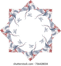 Delicate abstract symmetric vector illustration. Eight-pointed star: fantasy on the nature theme. Useful for design template, invitation, greeting card, wallpaper, background, fabrics, as frame.