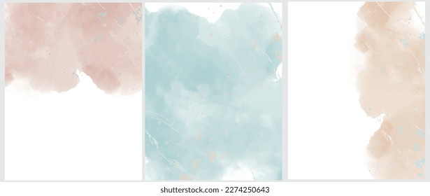 Delicate Abstract Watercolor Marble Vector Layouts. Light Beige and Blue Paint Stains on a White Background. Pastel Color Stains and Splatter Prints ideal for Banner, Cover, Layout. No text.