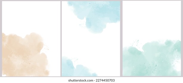 Delicate Abstract Watercolor Style Vector Layouts. Light Beige and Blue Paint Stains on a White Background. Pastel Color Stains and Splatter Prints ideal for Banner, Cover, Layout. No text.