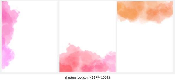 Delicate Abstract Watercolor Style Vector Layouts. Vibrant Pink, Orange and Red Paint Stains on a White Background. Vivid Color Stains and Splatter Prints. Rgb. Blanks with Watercolor Borders.
