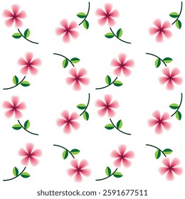 A delicate and airy seamless floral pattern featuring soft pink flowers with a subtle glow effect, complemented by green leaves and stems on a clean white background.Easy to use for backdrop, textile.