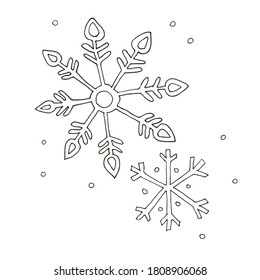 Delicate airy snowflakes. First snow in doodle style for coloring pages. Vector image on white background