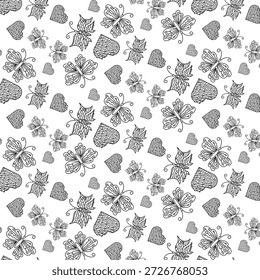 Ein zartes, durchgehend nahtloses Muster mit detailreicher Linienkunst aus Schmetterlingen und Herz.