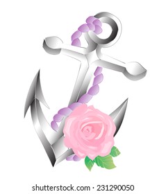 Delicate anchor with a rope and a rose with leaves