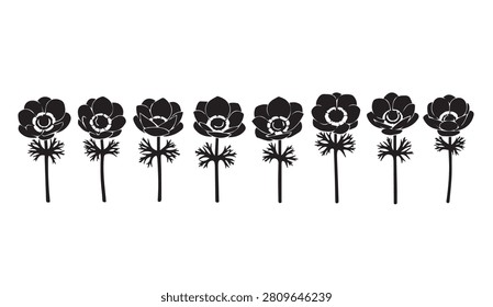 Delicate anemone blossoms arranged in a linear formation. Clean vector graphic for botanical design projects.