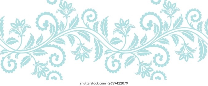 Delicate aqua floral border with intricate swirling leaves and elegant stems on a white background. Ideal for invitations, fabric, or decorative design use. Seamless botanical vector element.