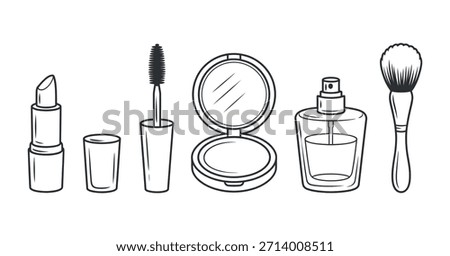 A delicate arrangement of cosmetic items including lipstick mascara mirror toner and brushes all in black and white