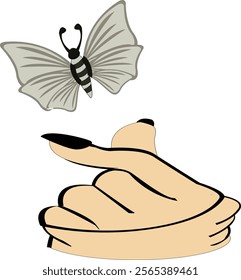 A delicate and artistic vector illustration of a butterfly being released from two fingers, symbolizing freedom, transformation, and hope. This design blends nature and human interaction in a minimal.