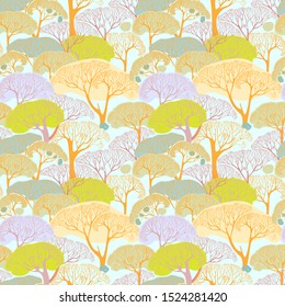 delicate autumn background with trees in the garden. beautiful graphic drawing. Seamless vector pattern on a white background.