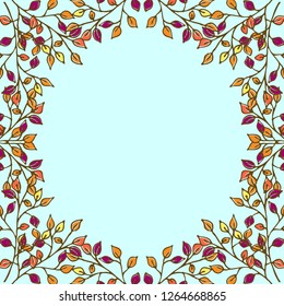 Delicate autumn frame of branches and leaves in the style of Doodle on a light blue background. Copy space, hand painting, framing