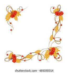 Delicate autumn frame with rowan leaves and red berries isolated on white background for use in your design.