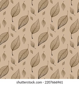 Delicado patrón otoñal con hojas sobre un fondo beige. Patrón de creatividad, diseño, fondo, textil y papel envolvente.