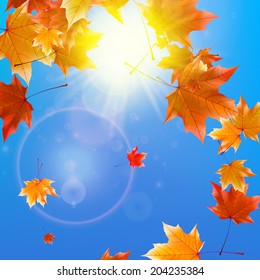 Delicate autumn sun with glare on blue sky. EPS10