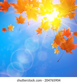 Delicate autumn sun with glare on blue sky. EPS10