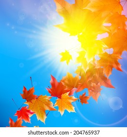 Delicate autumn sun with glare on blue sky. EPS10