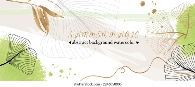 
Delicate avarel background with ginkgo leaves. ginkgo leaves, willow branch, botanical background. Beautiful cover design with flowers and texture. Vector illustration.