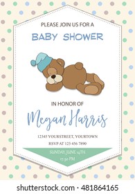 delicate baby boy shower card with little teddy bear, vector format