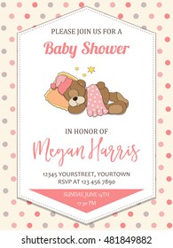 delicate baby girl shower card with little teddy bear, vector format