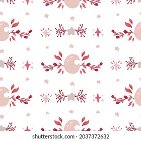 Delicate baby seamless pattern with a crescent moon, foliage, flowers and stars on white background. Delicate mystical texture with natural wreaths. Vector spiritual wallpaper. Celestial tender fabric