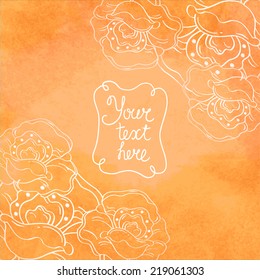 Delicate background with beautiful white contour flowers on orange, corner vignette