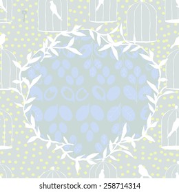 Delicate background with birds and leaves in light blue colors. Seamless.
