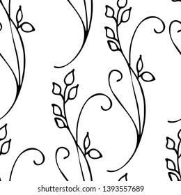 Delicate background of field herbs. Hand-drawn in black and white, seamless