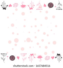 Delicate background, frame, scrapbook, with pink flowers, roses, balls and hearts Girl pink