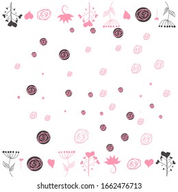 Delicate background, frame, scrapbook, with pink flowers, roses, balls and hearts Girl pink