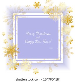 Delicate background of Golden snowflakes and an empty square with an inscription. Winter background with snowflakes. Christmas. new year vector illustration