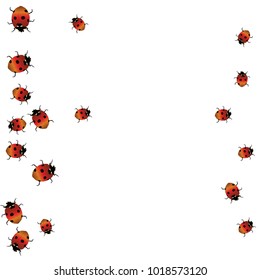 Delicate background with ladybugs. Trendy template for a postcard, stamp, banner or poster. Cute Ladybugs on a white background. Vector