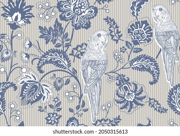Delicate background with parrots and decorative flowers. Striped background with paisley and decorative plants. Wallpaper with birds and flowers. Luxury pattern for creating textiles, wallpaper, paper
