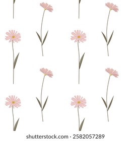 Delicate background with pink meadow flowers. Gentle botanical springtime seamless pattern.