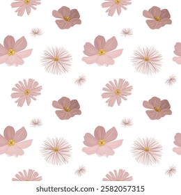 Delicate background with pink meadow flowers. Gentle botanical seamless pattern.