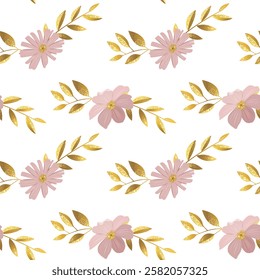 Delicate background with pink meadow flowers and golden leaves. Luxury botanical seamless pattern