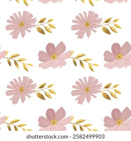 Delicate background with pink meadow flowers and golden leaves. Shining botanical seamless pattern