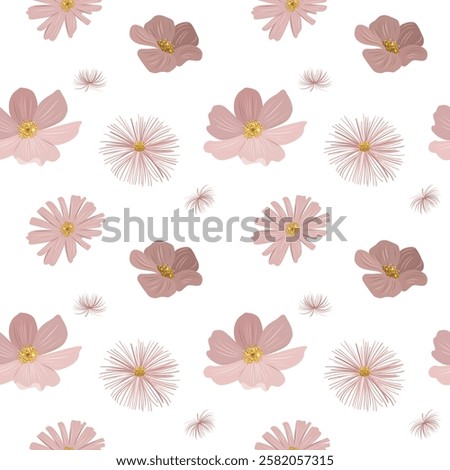 Delicate background with pink meadow flowers. Gentle botanical seamless pattern.