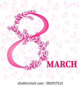 Delicate background with a print of hearts and flowers. 8 March - Women's Day. Vector Illustration.