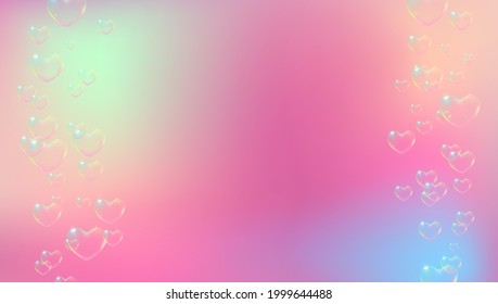 Delicate background with rainbow colored heart-shaped soap bubbles for Valentine card. Vector illustration