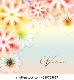 Delicate background with transparent flowers, corner vignette